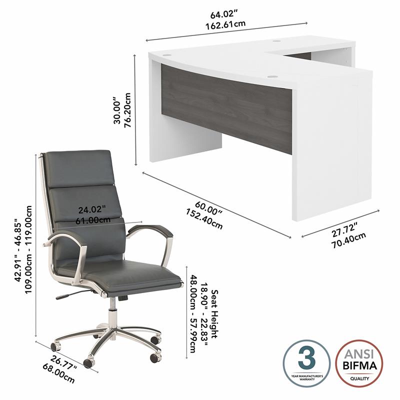 Echo L Shaped Bow Front Desk with Chair in White & Gray - Engineered Wood