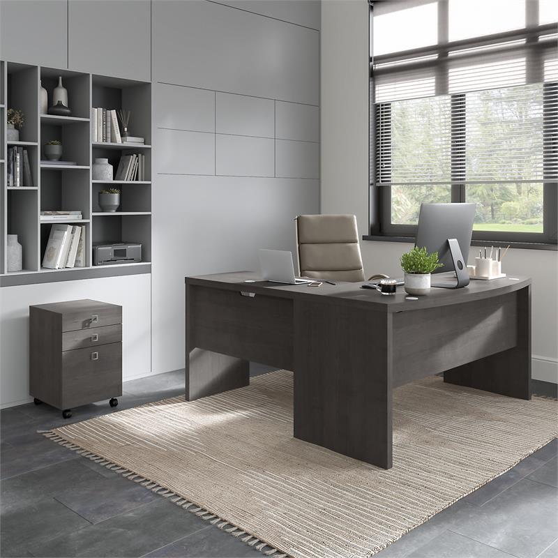 Echo L Shaped Bow Front Desk with Drawers in Charcoal Maple - Engineered Wood