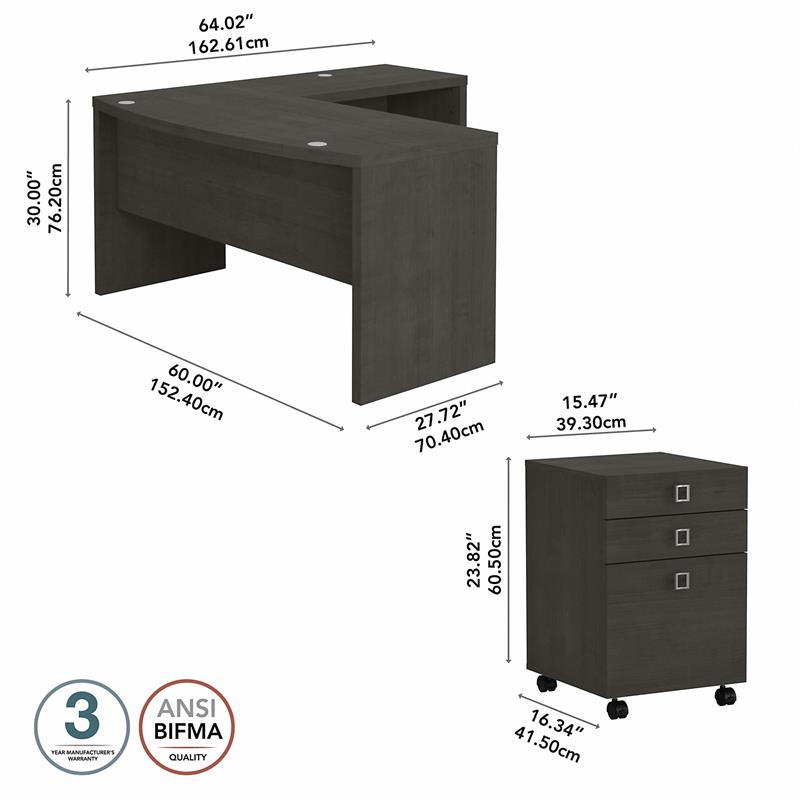 Echo L Shaped Bow Front Desk with Drawers in Charcoal Maple - Engineered Wood