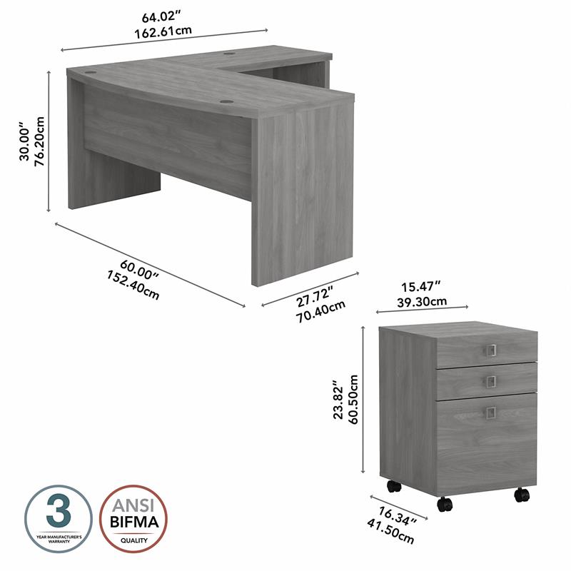 Echo L Shaped Bow Front Desk with Drawers in Modern Gray - Engineered Wood