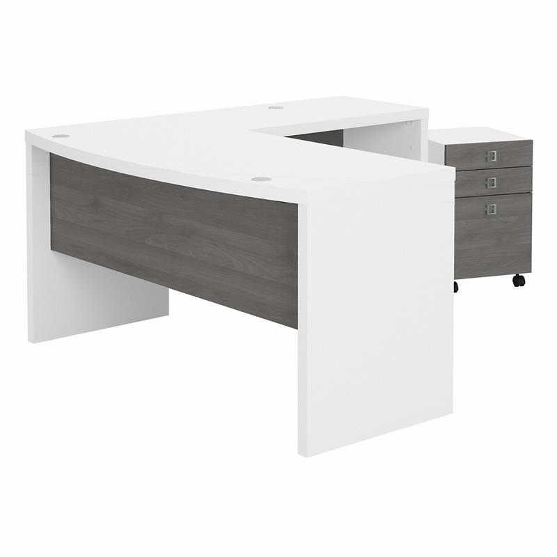 Echo L Shaped Bow Front Desk with Drawers in White & Gray - Engineered Wood