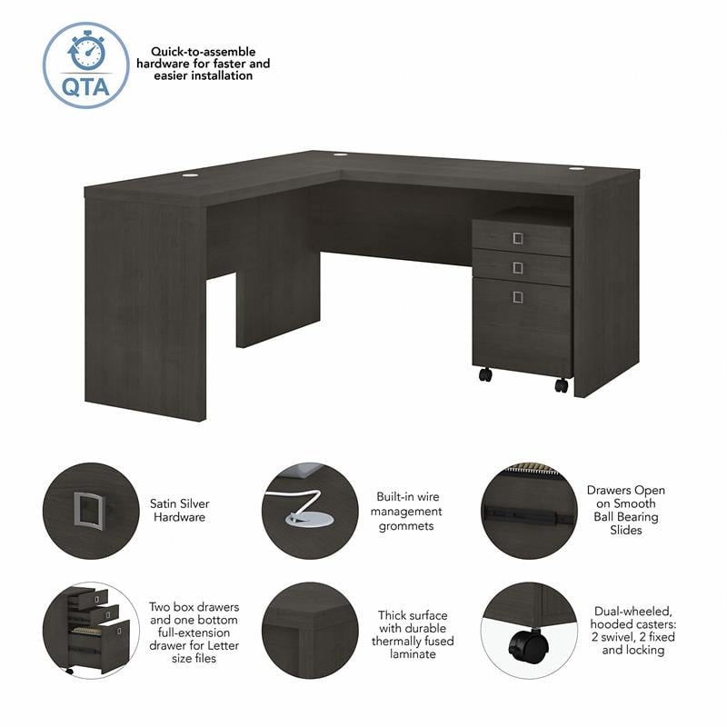 Echo L Shaped Desk with Mobile File Cabinet in Charcoal Maple - Engineered Wood