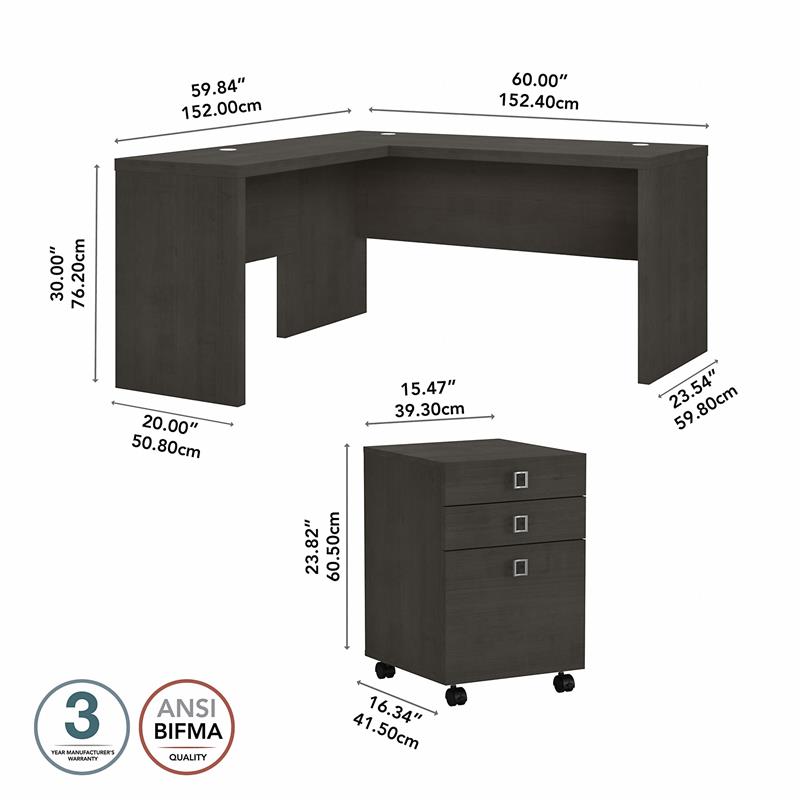 Echo L Shaped Desk with Mobile File Cabinet in Charcoal Maple - Engineered Wood