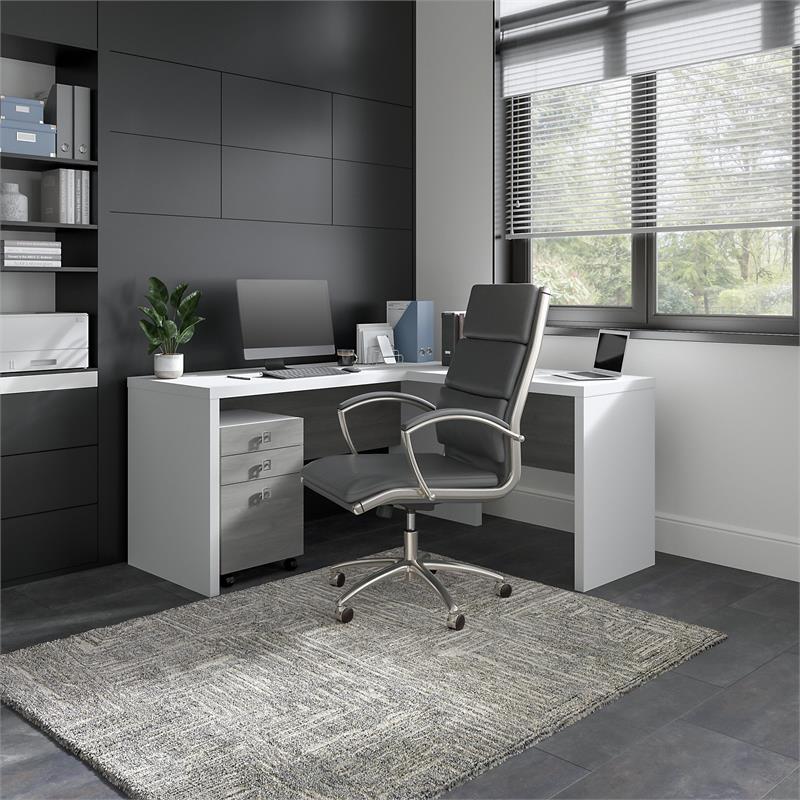Echo L Shaped Desk with Mobile File Cabinet in White & Gray - Engineered Wood