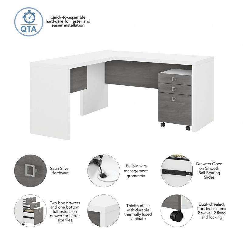 Echo L Shaped Desk with Mobile File Cabinet in White & Gray - Engineered Wood