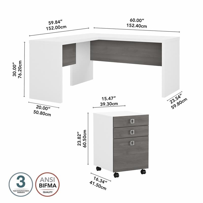 Echo L Shaped Desk with Mobile File Cabinet in White & Gray - Engineered Wood