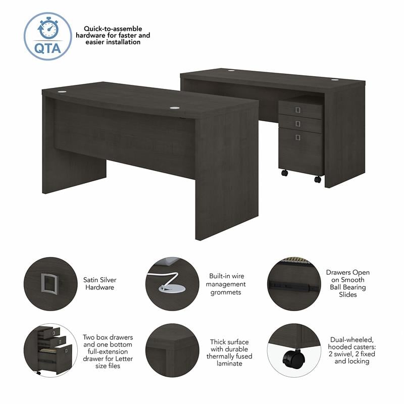 Echo Bow Front Desk and Credenza w/ Drawers in Charcoal Maple - Engineered Wood
