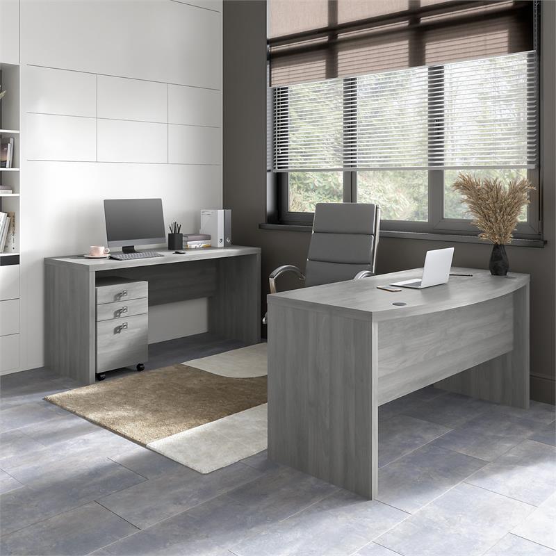 Echo Bow Front Desk and Credenza w/ Drawers in Modern Gray - Engineered Wood
