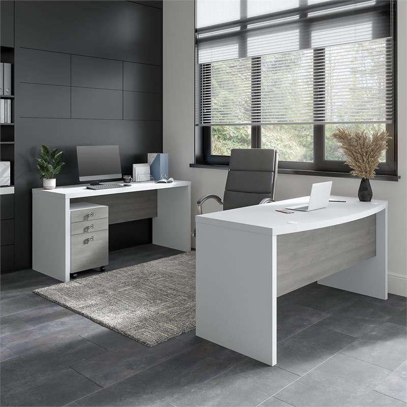 Echo Bow Front Desk and Credenza w/ Drawers in White & Gray - Engineered Wood