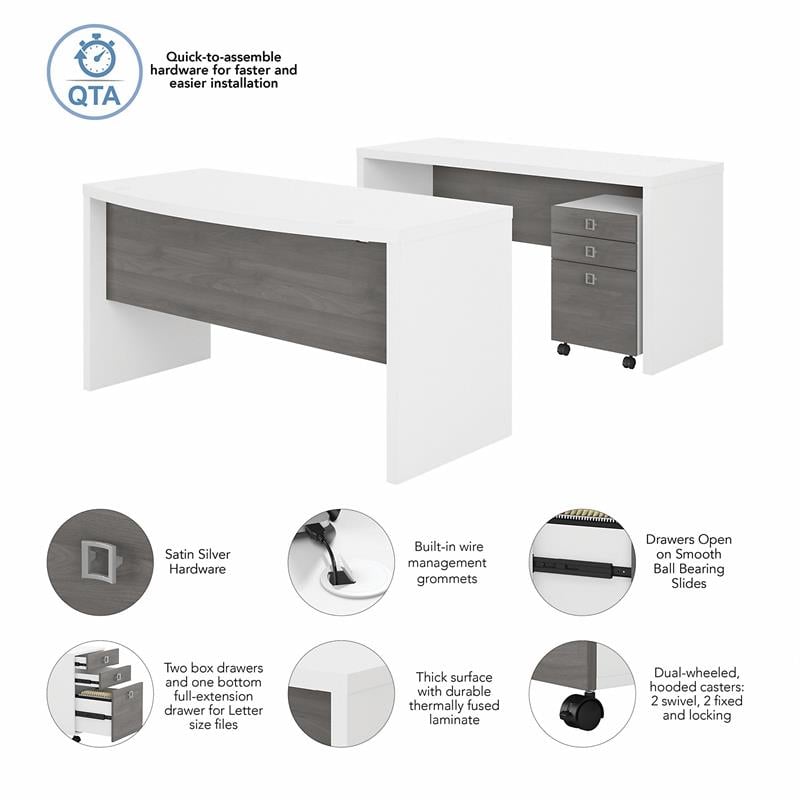 Echo Bow Front Desk and Credenza w/ Drawers in White & Gray - Engineered Wood