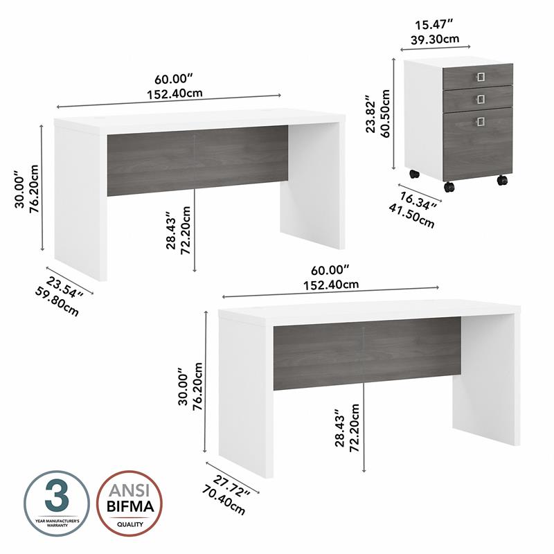 Echo Bow Front Desk and Credenza w/ Drawers in White & Gray - Engineered Wood
