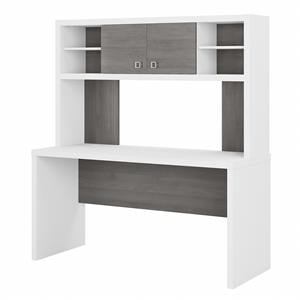 Echo 60W Credenza Desk with Hutch in Pure White & Modern Gray - Engineered Wood