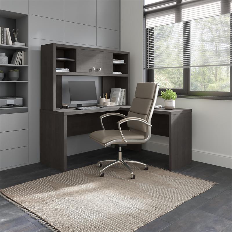 Echo L Shaped Desk with Hutch in Charcoal Maple - Engineered Wood