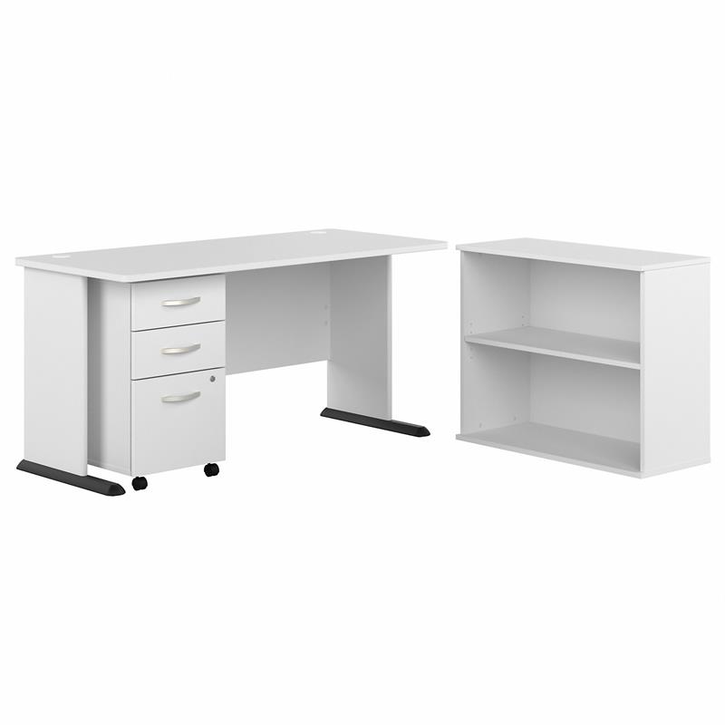 Studio A 60W Desk with Drawers and Bookcase in White Engineered Wood