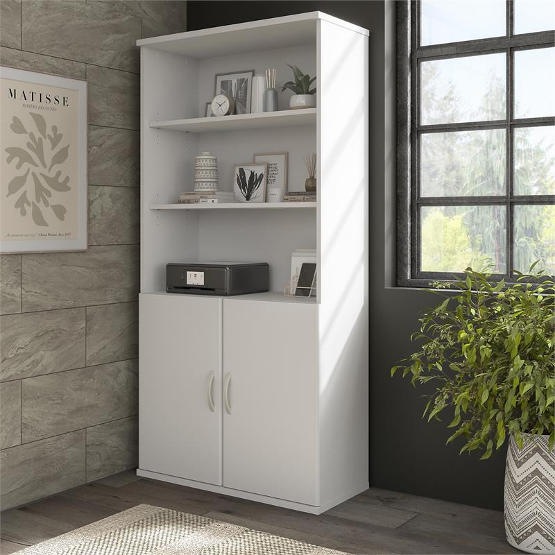 Hybrid Tall 5 Shelf Bookcase with Doors in White - Engineered Wood