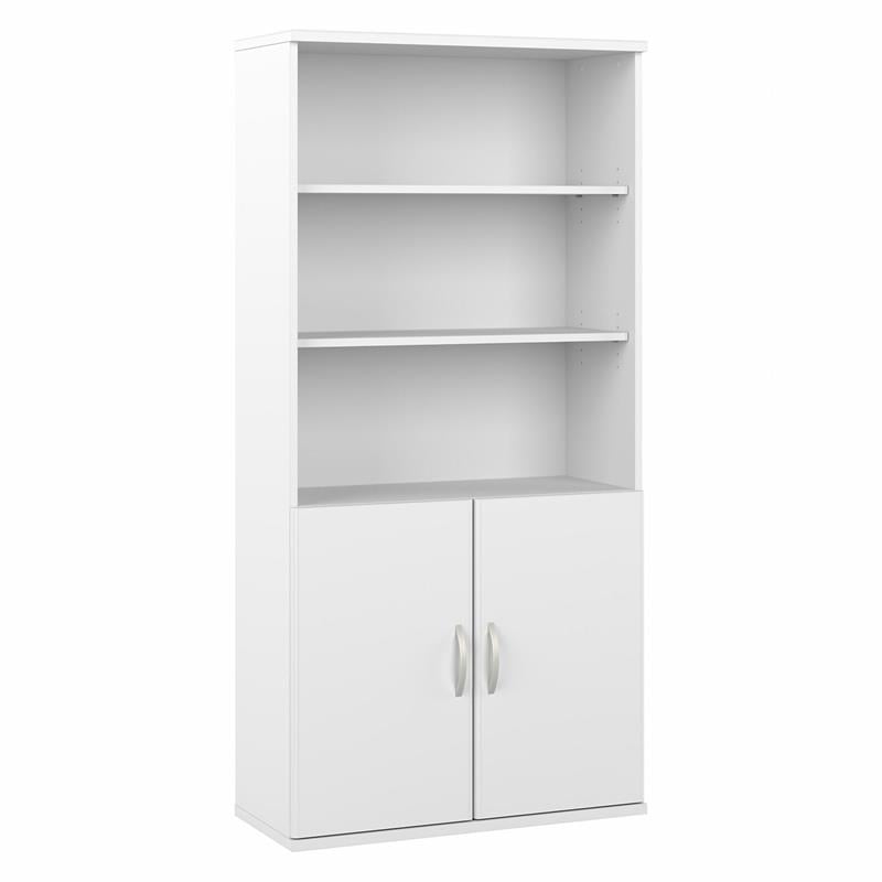Hybrid Tall 5 Shelf Bookcase with Doors in White Engineered Wood