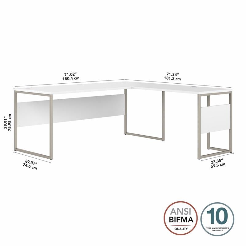 Hybrid 72W x 30D L Shaped Table Desk in White - Engineered Wood