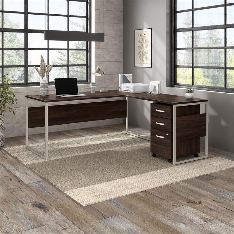 Hybrid 72W L Shaped Table Desk with Drawers in Black Walnut - Engineered Wood