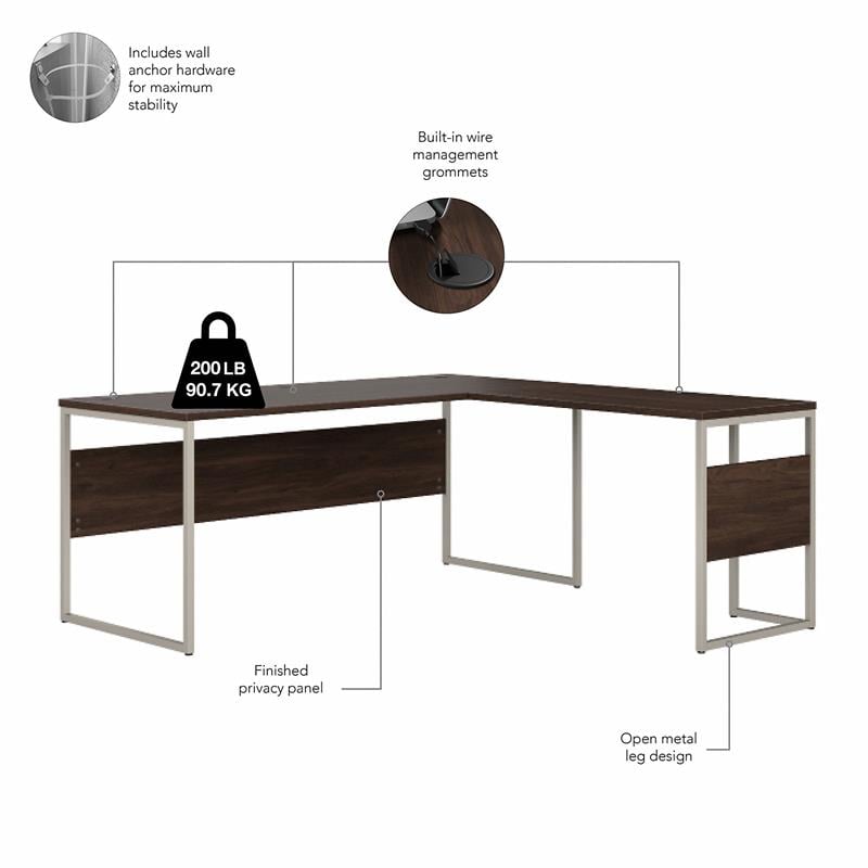 Hybrid 72W L Shaped Table Desk with Drawers in Black Walnut - Engineered Wood