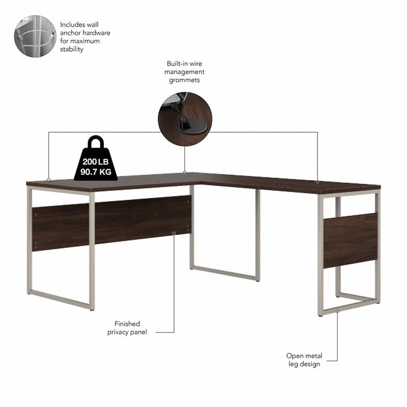 Hybrid 60W L Shaped Table Desk with Drawers in Black Walnut - Engineered Wood