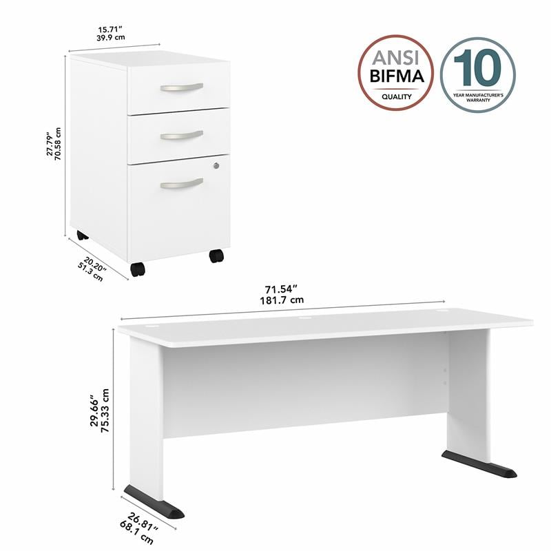 Studio A 72W Computer Desk with Drawers in White - Engineered Wood