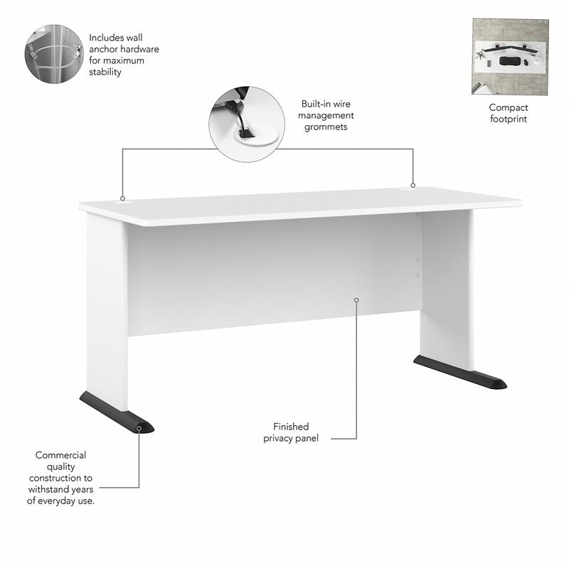 Studio A 60W Desk with Drawers and Storage in White - Engineered Wood