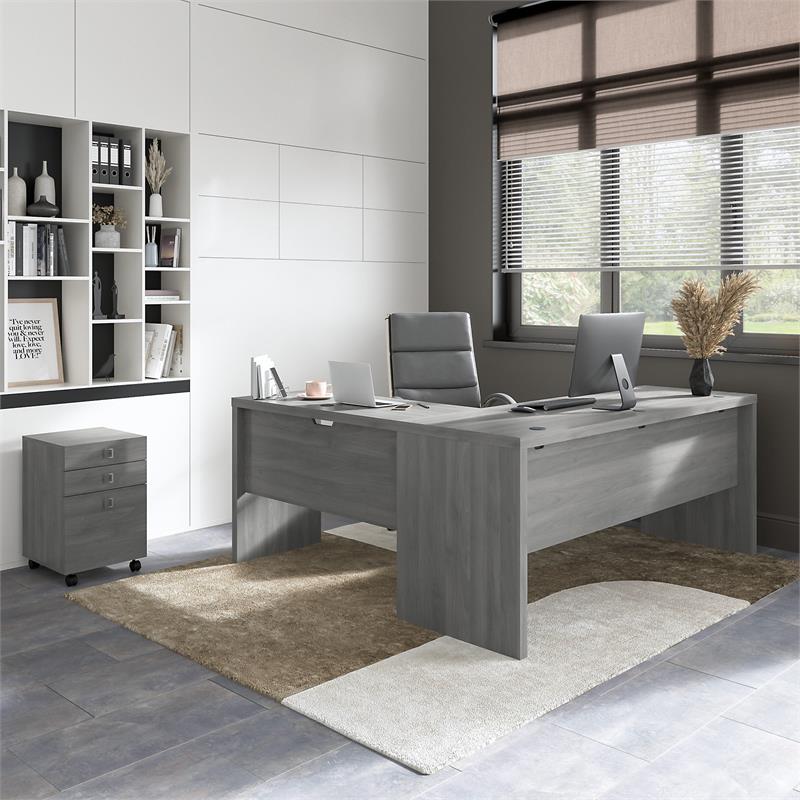 Echo 72W L Shaped Computer Desk with Drawers in Modern Gray - Engineered Wood