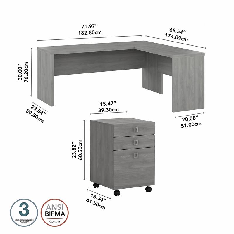 Echo 72W L Shaped Computer Desk with Drawers in Modern Gray - Engineered Wood