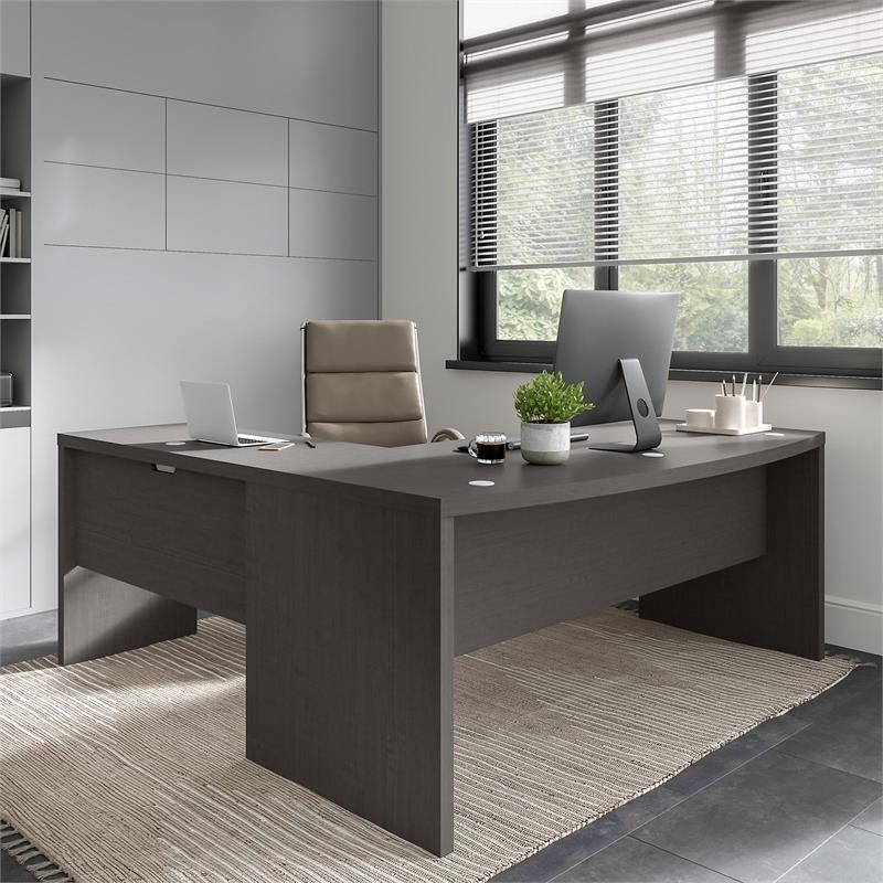Echo 72W Bow Front L Shaped Desk in Charcoal Maple - Engineered Wood