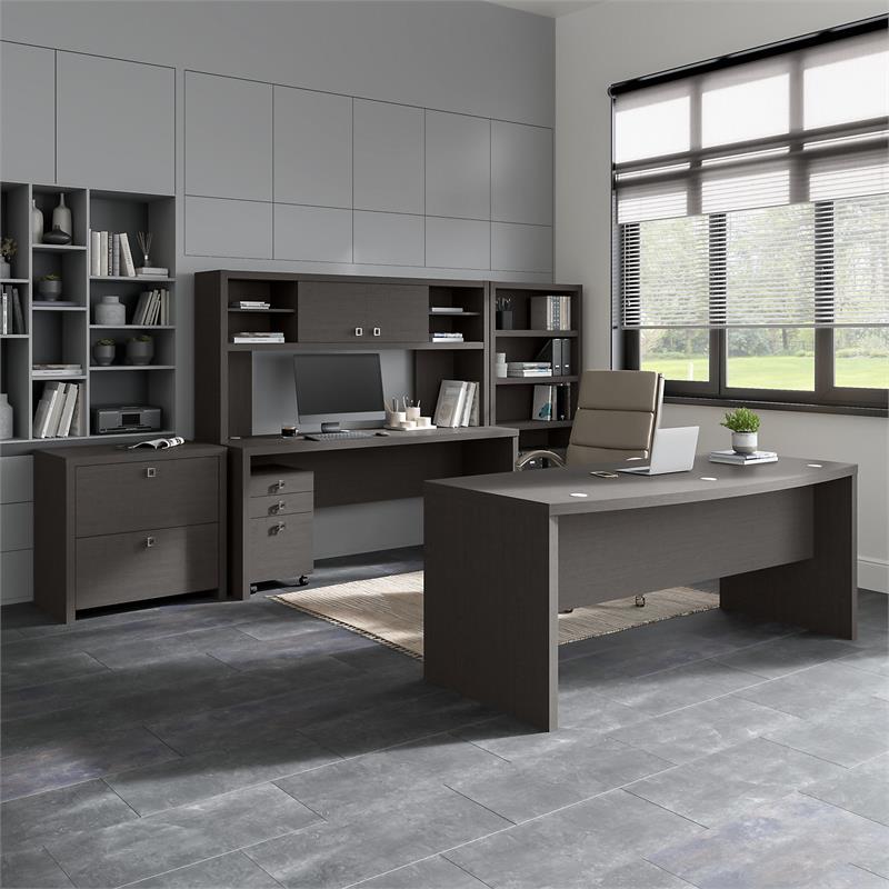 Echo 72W Desk and Credenza Set with Storage in Charcoal Maple - Engineered Wood