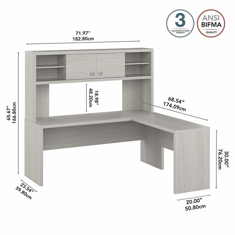 Echo 72W L Shaped Computer Desk with Hutch in Gray Sand - Engineered Wood