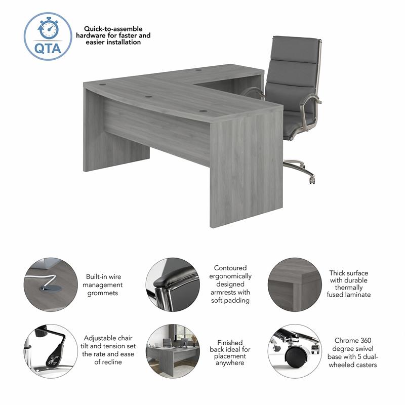 Echo 72W Bow Front L Shaped Desk and Chair Set in Modern Gray - Engineered Wood