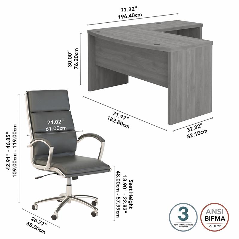 Echo 72W Bow Front L Shaped Desk and Chair Set in Modern Gray - Engineered Wood