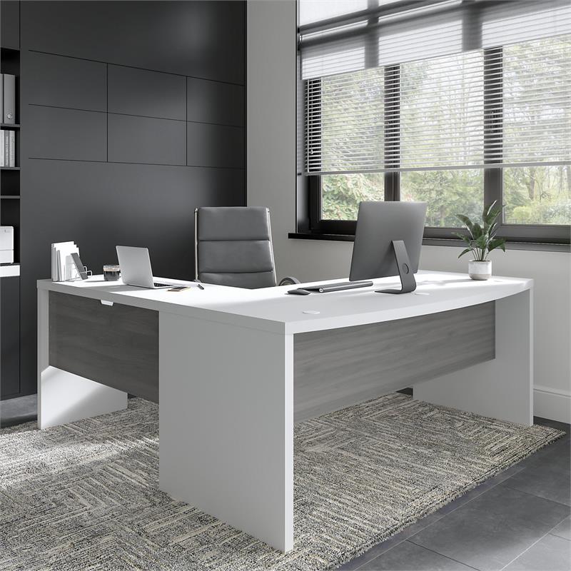 Echo 72W Bow Front L Shaped Desk and Chair Set in White & Gray - Engineered Wood