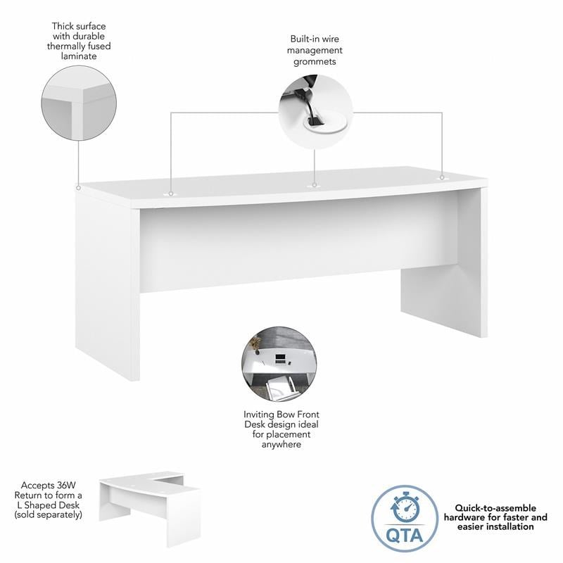 Echo 72W Bow Front Desk in Pure White - Engineered Wood