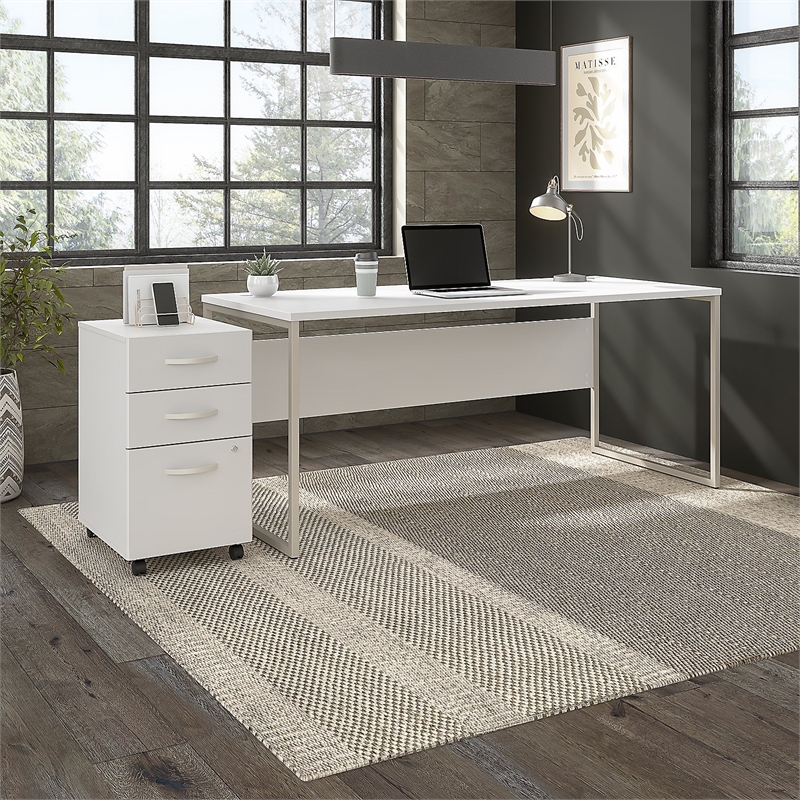 Hybrid 72W x 30D Computer Desk with Drawers in White Engineered Wood