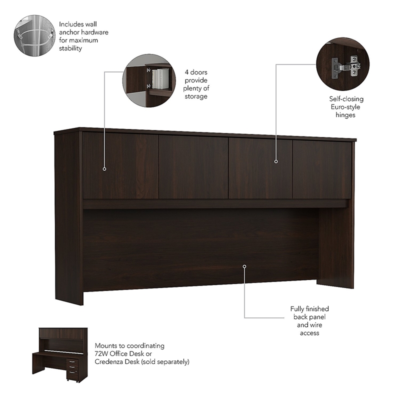 Studio C 72W U Desk with Hutch and Drawers in Black Walnut - Engineered Wood