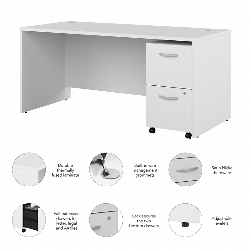 Studio C 66W Office Desk and Mobile File Cabinet in White - Engineered Wood