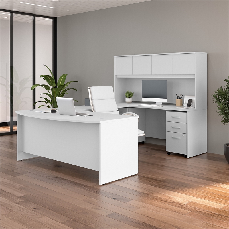 Studio C 72W U Desk with Hutch and File Cabinets in White - Engineered Wood
