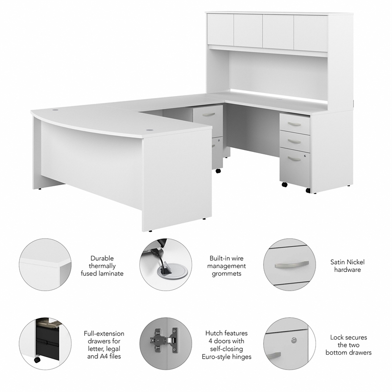 Studio C 72W U Desk with Hutch and File Cabinets in White - Engineered Wood
