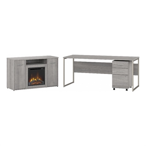 Hybrid 72W Desk with Fireplace TV Stand in Platinum Gray - Engineered Wood