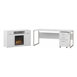 Hybrid 72W Desk with Fireplace TV Stand in White - Engineered Wood