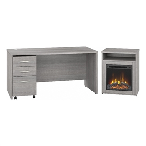 studio c 60w desk with electric fireplace in platinum gray - engineered wood