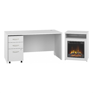 Studio C 60W Desk with Electric Fireplace in White - Engineered Wood