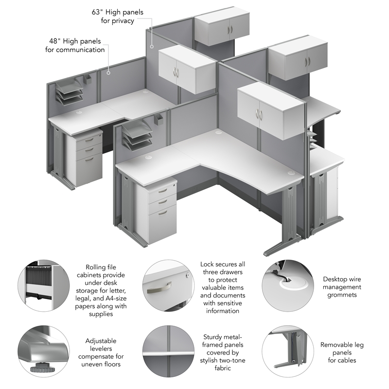 Office in an Hour 4 Person L Cubicle Desk Set in Pure White - Engineered Wood
