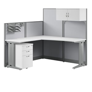 Office in an Hour L Cubicle Desk with Storage in Pure White - Engineered Wood