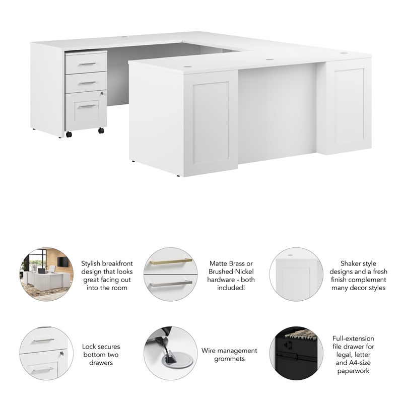 Hampton Heights 72W U Shaped Desk with Drawers in White - Engineered Wood