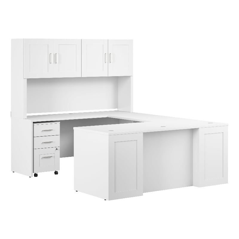 Hampton Heights 72W U Desk with Hutch and Drawers in White - Engineered Wood