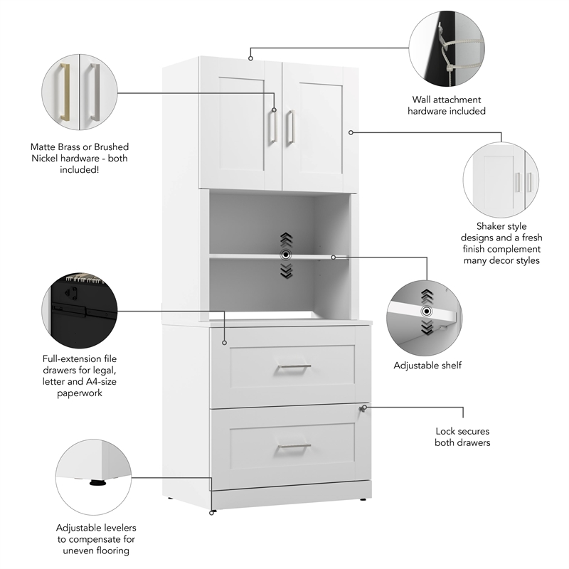 Hampton Heights Lateral File Cabinet with Hutch in White - Engineered Wood