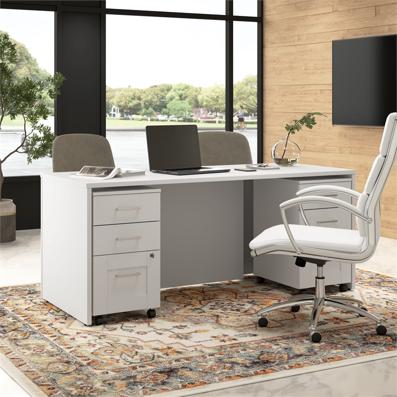 Hampton Heights 72W Executive L Desk with Drawers in White - Engineered Wood